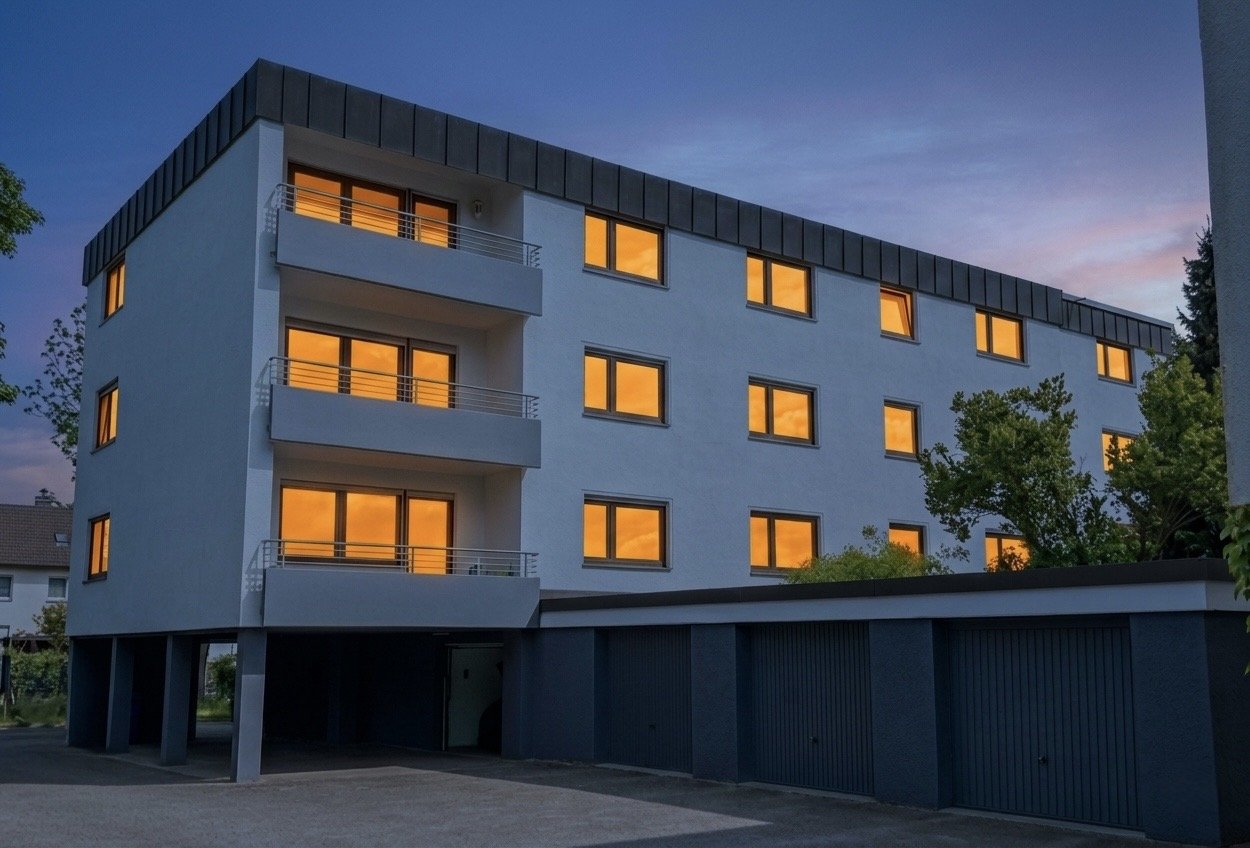 Twilight Aufnahme eines Mehrfamilienhauses in Stuttgart zur blauen Stunde